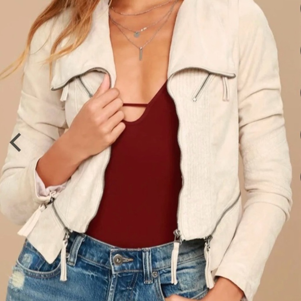 Faux suede fitted Moto jacket Beige Womens Size S Zipper Accents No Stretch